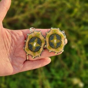 Handcrafted Native American Beaded Turtles Beadwork Sweetgrass & Quills Earrings